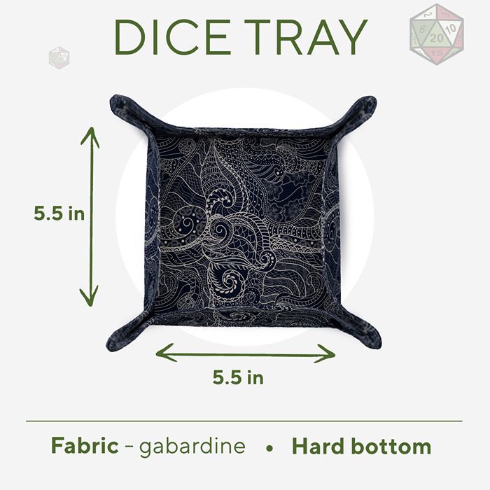 Dragon Scale dice tray size chart: 5.5 Γ 5.5 inch rolling area, gabardine fabric, hard bottom