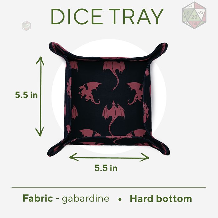 Red Dragon dice tray size chart: 5.5 Γ 5.5 inch rolling area, gabardine fabric, hard bottom