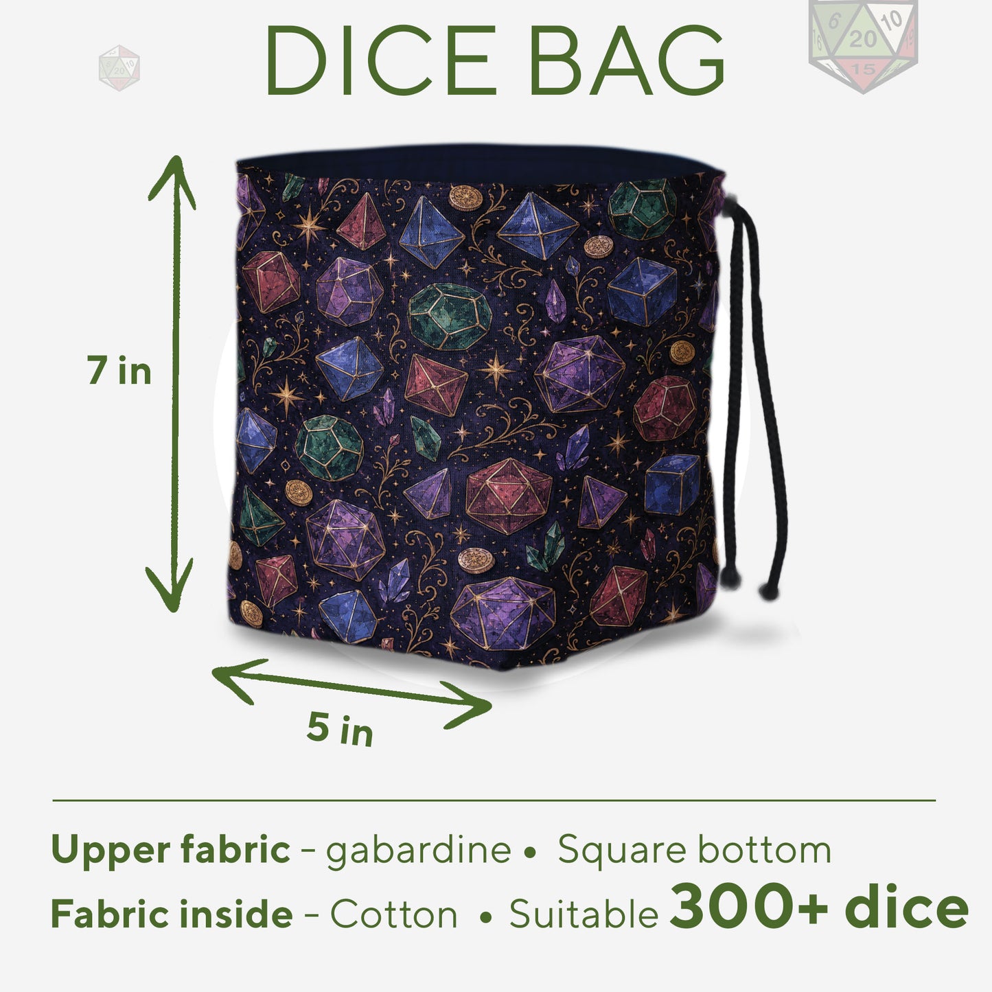 Arcane dice bag with rainbow pockets for sorting dice by character or campaign.
