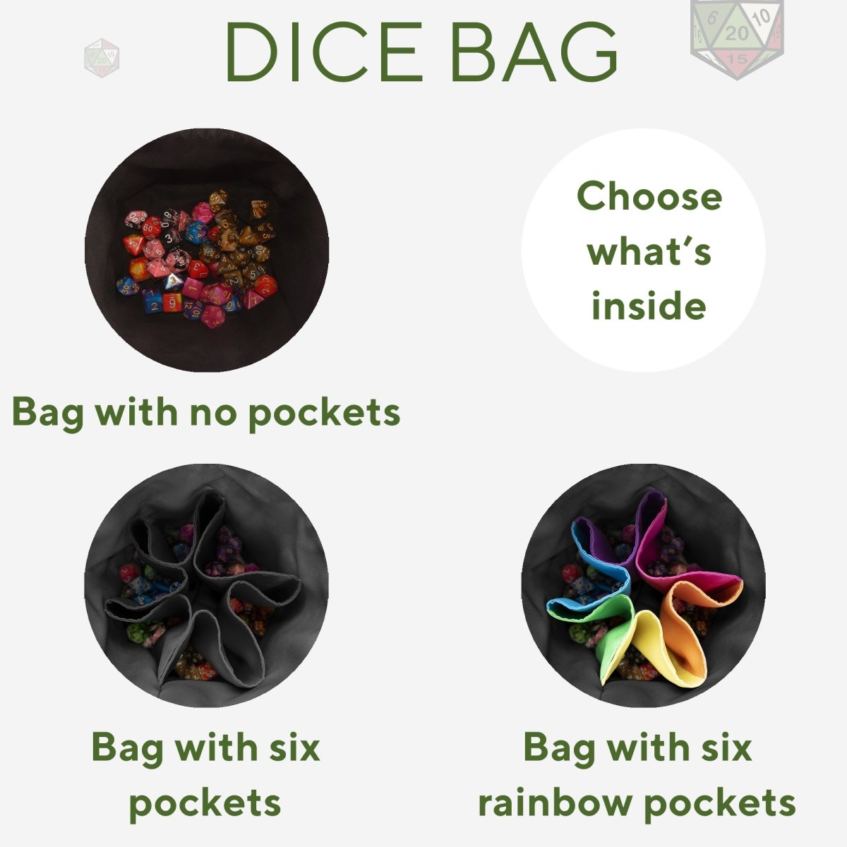 Pockets in a gabardine dice bag — black 6-pocket interior for sorting dice sets.