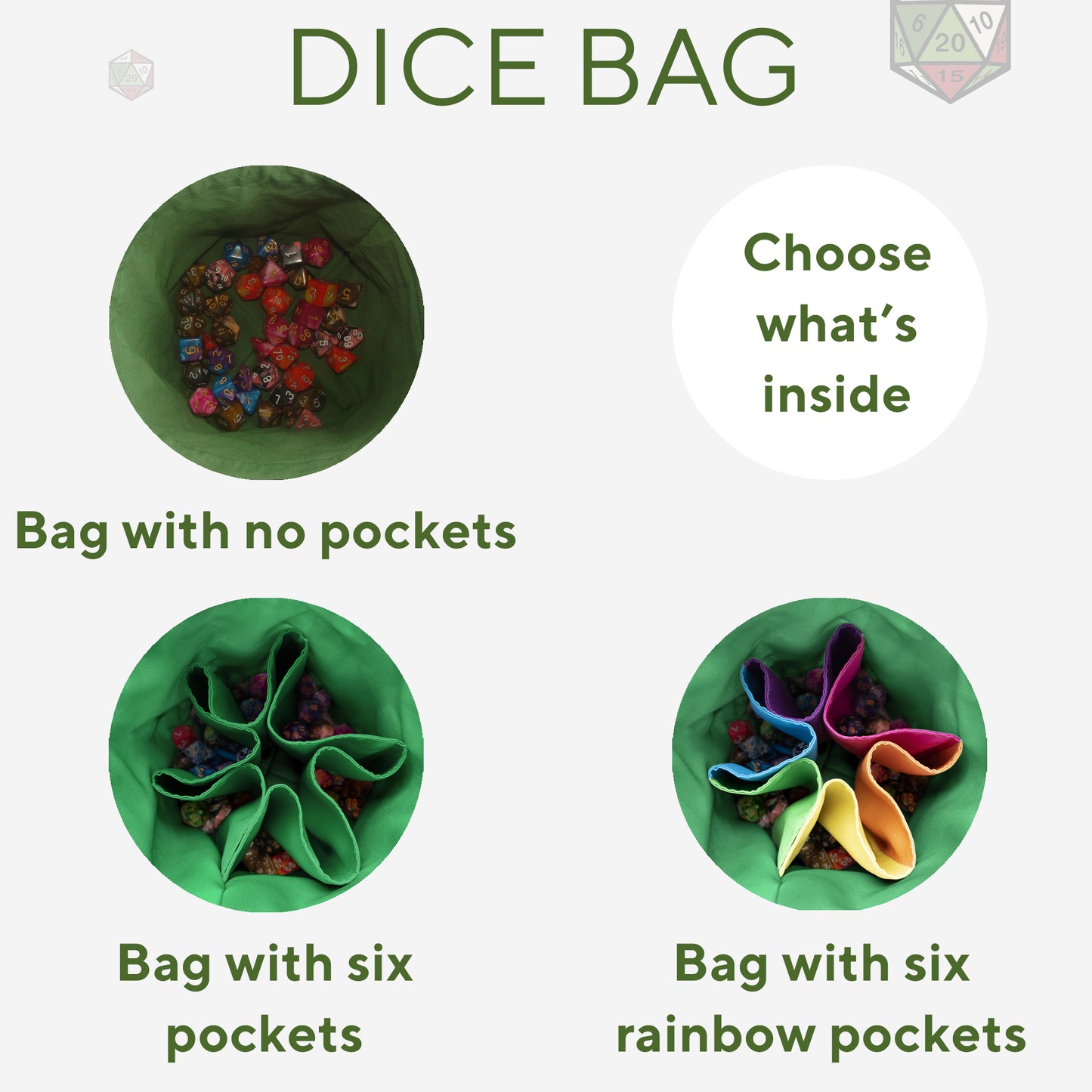 green pockets for dice bags