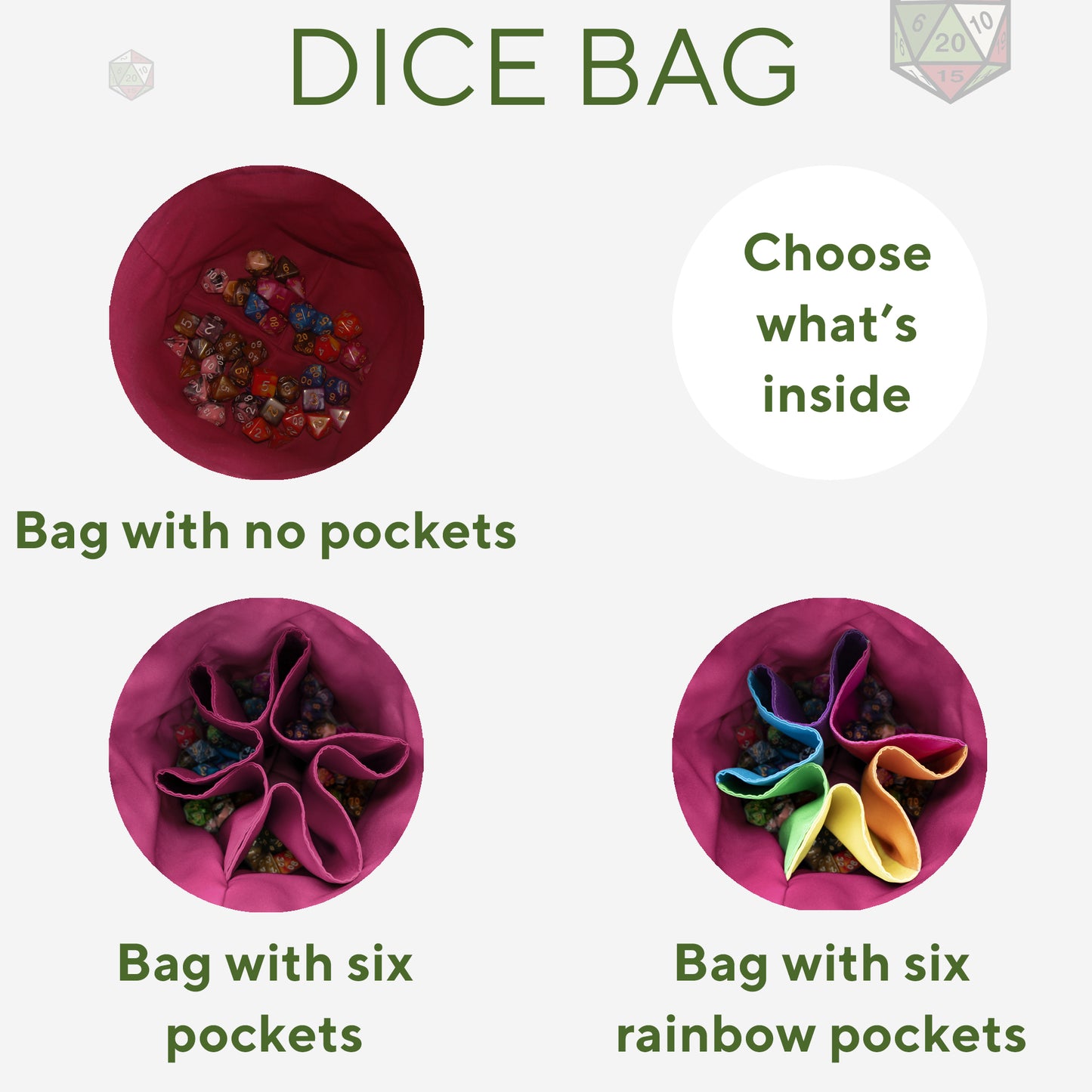 Six-pocket red interior of the mystic hand dice bag — sorts dice sets so they never scratch.