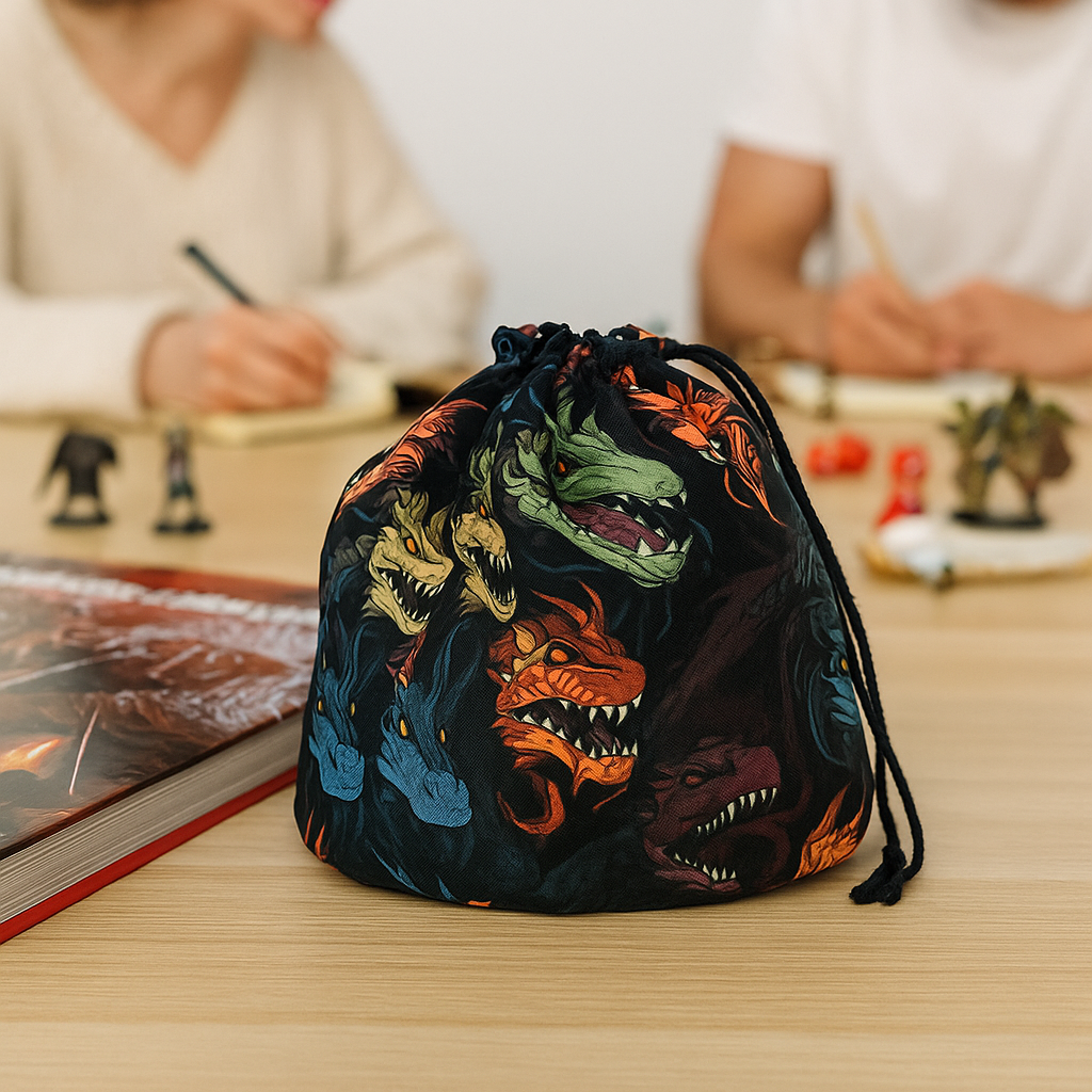 Handmade chromatic dragon dice bag with multicolored dragon heads on a dark drawstring pouch, on a DnD game table with dice and minis.
