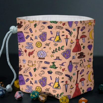 magic spells, crystal ball, brooms and tarot on peach gabardine - witch dice bag
