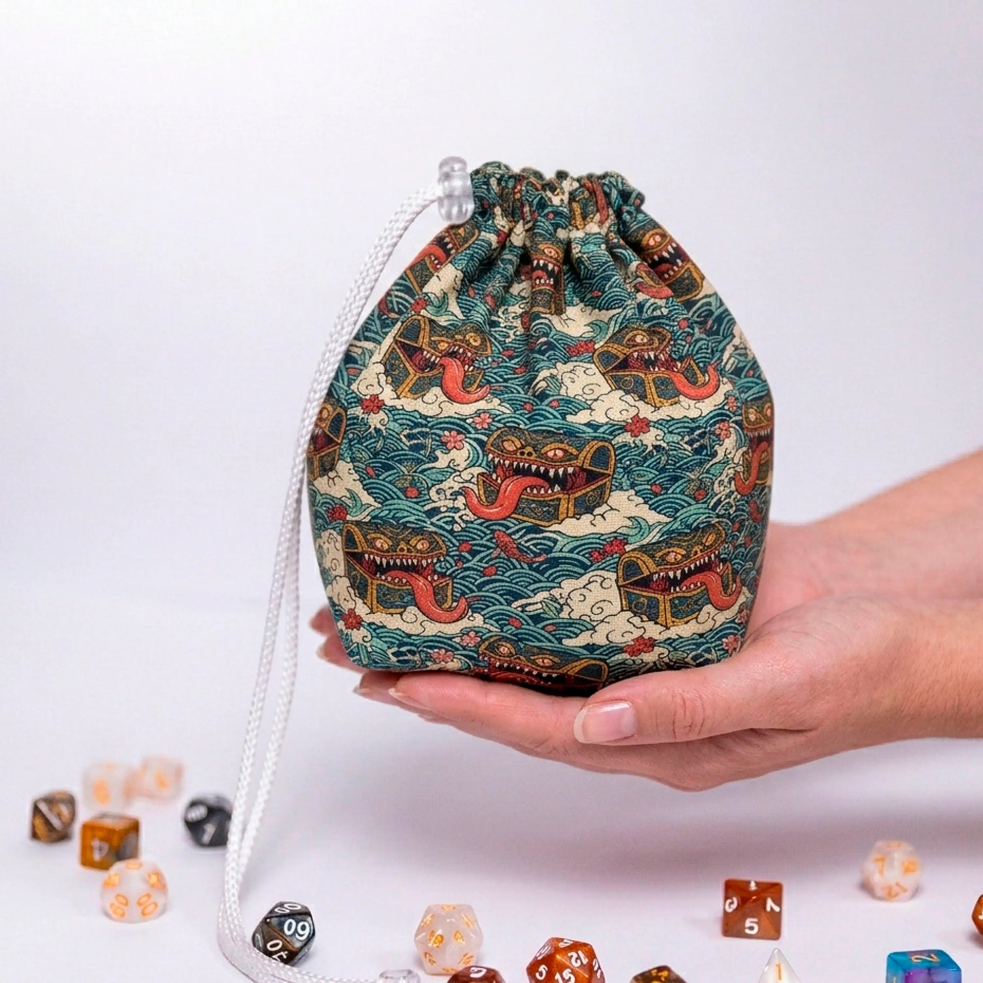 Great wave mimic dice bag — Japanese ukiyo-e waves with mimic chests, holds 300+ dice