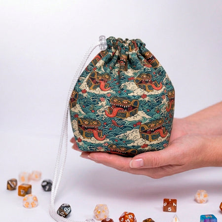 Great wave mimic dice bag — Japanese ukiyo-e waves with mimic chests, holds 300+ dice