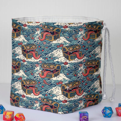 Japanese art mimic dice bag — fits 6 dice sets in pockets plus loose dice in the middle