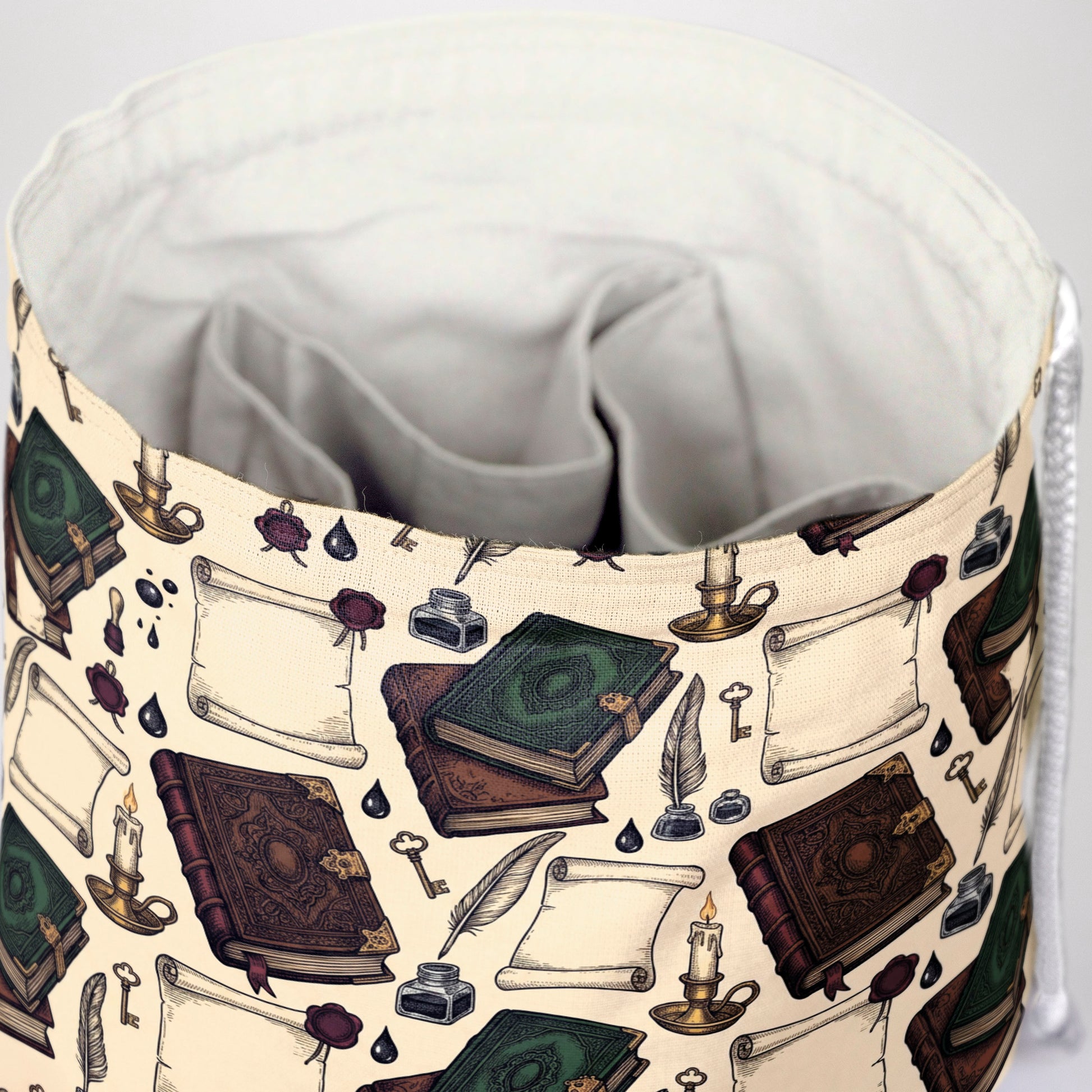 Scholar dice bag standing open — large handmade DnD dice bag with pockets.