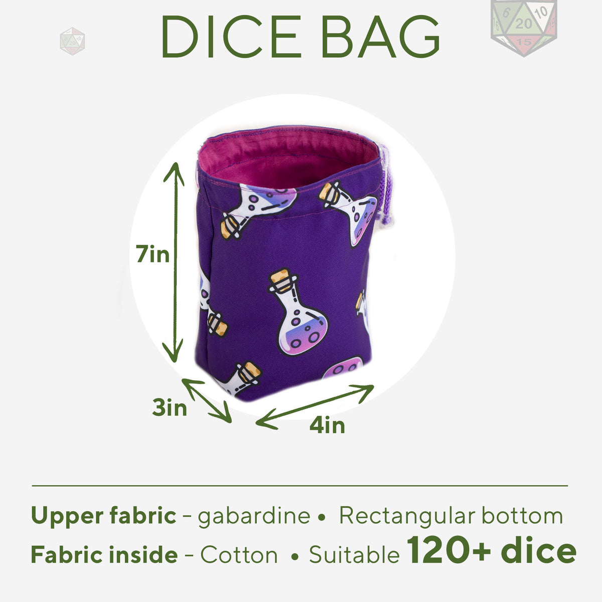 Size chart: small custom dice bag 7 inches tall, 3 by 4 inch bottom, gabardine outer, cotton lining, holds 120+ dice