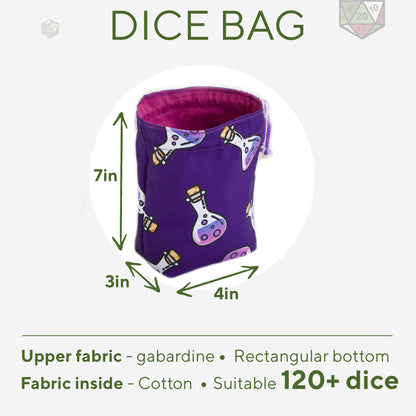 Size chart: small custom dice bag 7 inches tall, 3 by 4 inch bottom, gabardine outer, cotton lining, holds 120+ dice