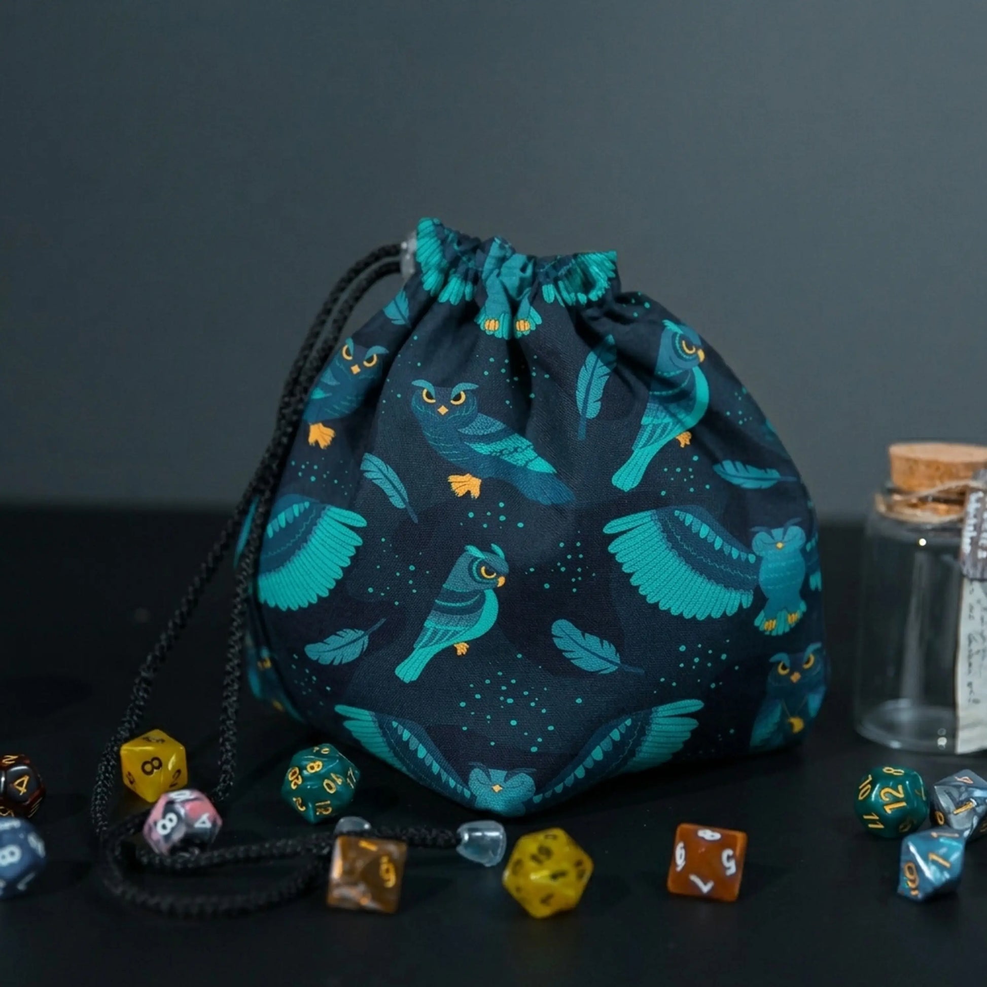 dark owl dice bag with 6 pockets — sorts dice sets for a witchy table 