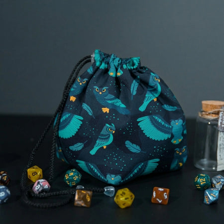 dark owl dice bag with 6 pockets — sorts dice sets for a witchy table 