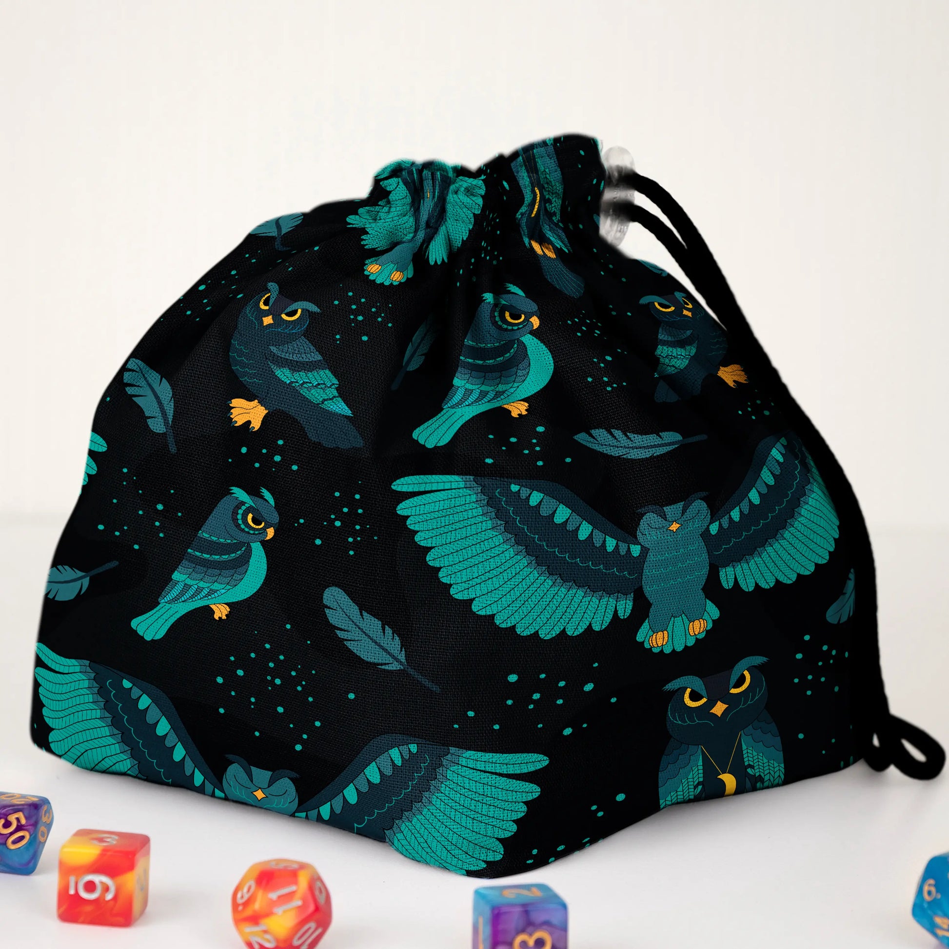 Night owl dice bag with 6 pockets — sorts dice sets for a witchy table.