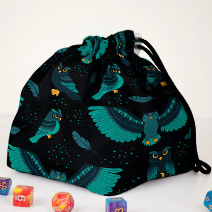 Night owl dice bag with 6 pockets — sorts dice sets for a witchy table.