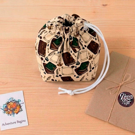 Best gift for a DnD player — handmade books & scrolls dice bag with pockets for a Dungeon Master, holds 300+ dice.