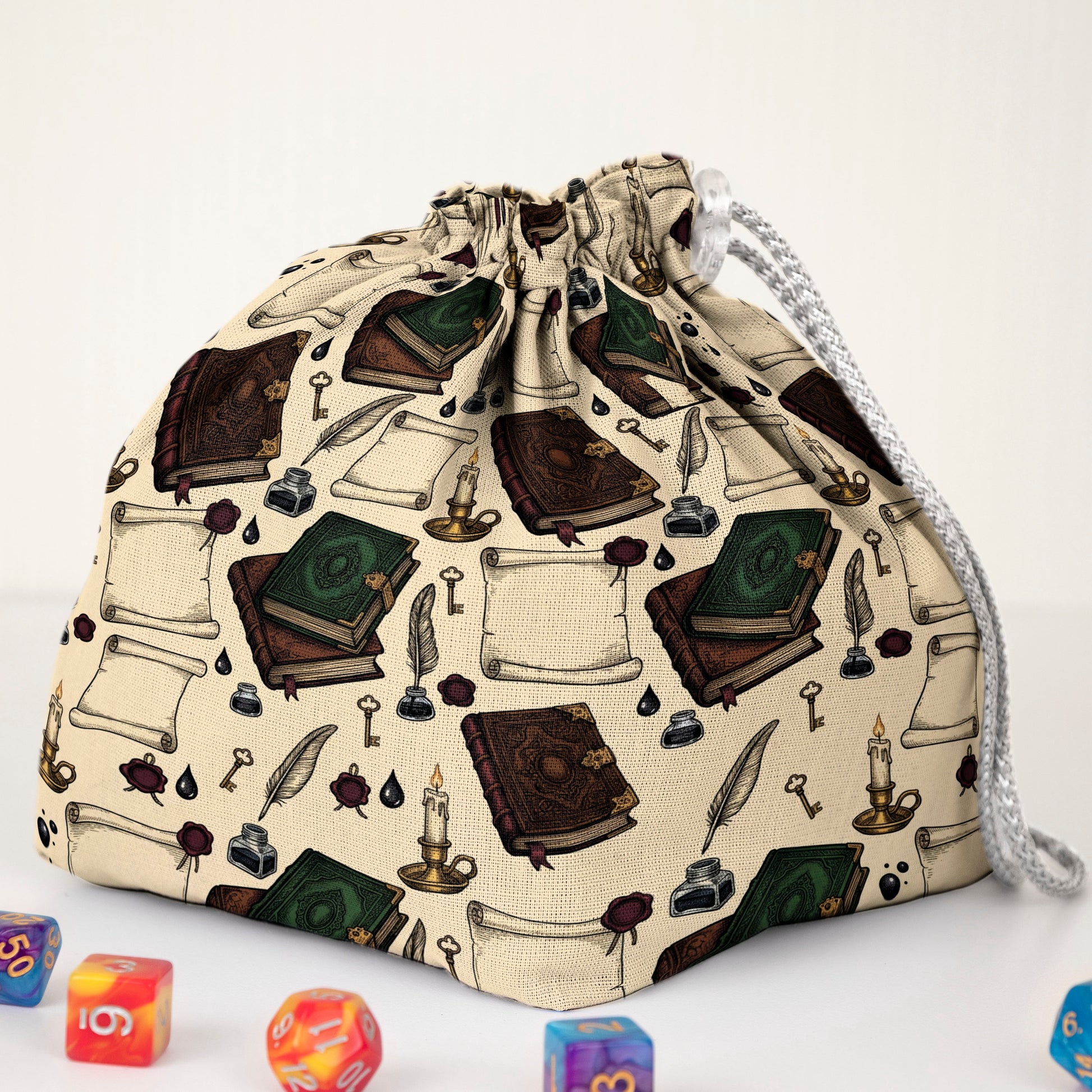 Wizard library dice bag — books, scrolls and candles print, gabardine DnD organizer.