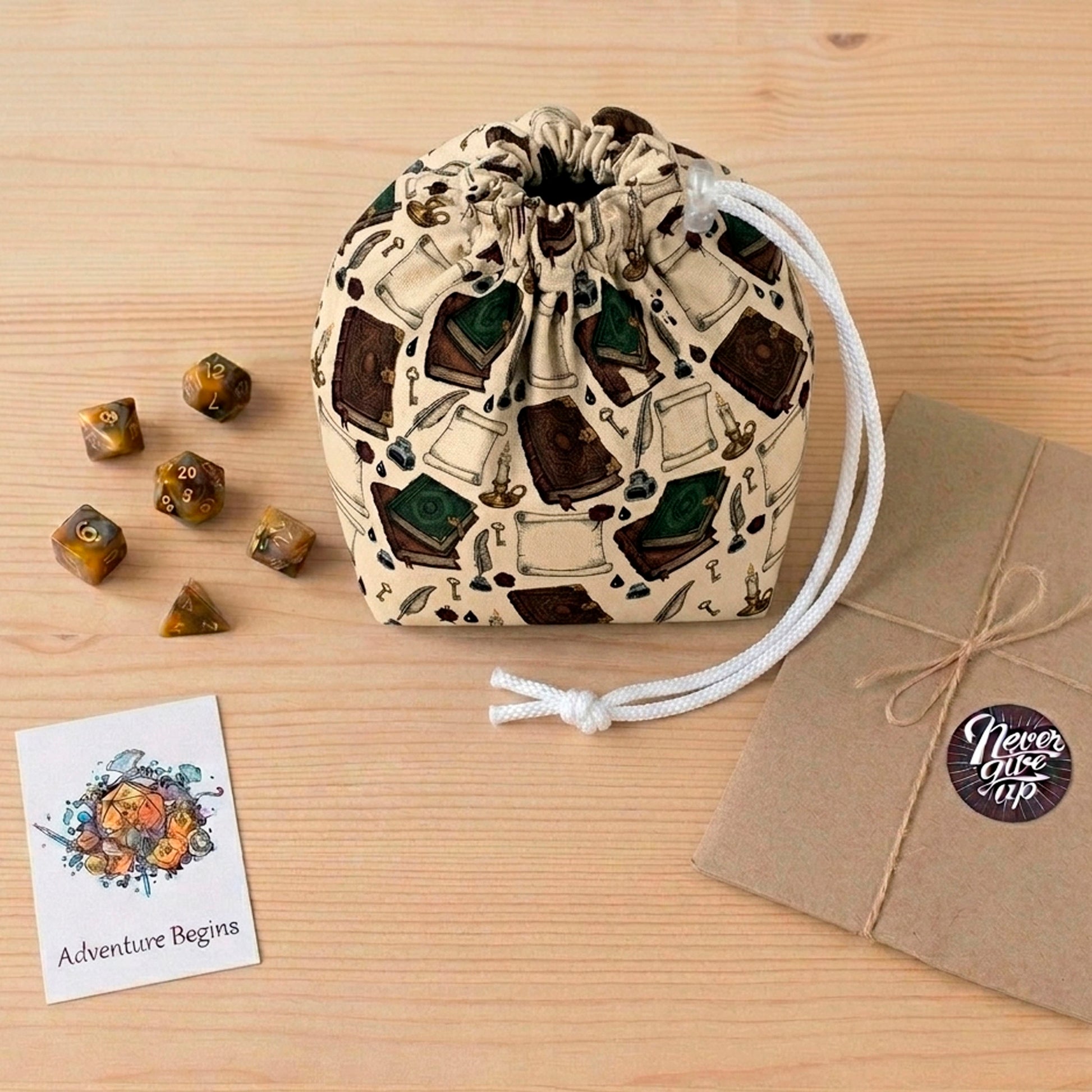 Best gift for a DnD player — handmade books & scrolls dice bag with pockets for a Dungeon Master, holds 300+ dice.