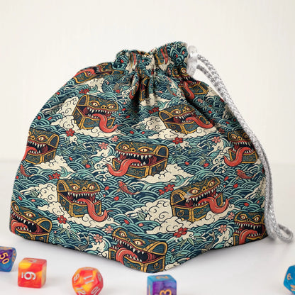 Great wave mimic dnd dice bag — square base stands upright, drawstring closure