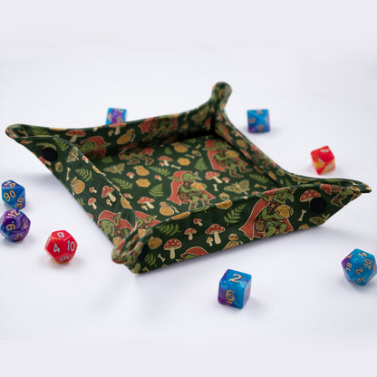Side view of the Forest Goblin dice tray showing the 1.2 inch sides and green goblincore print