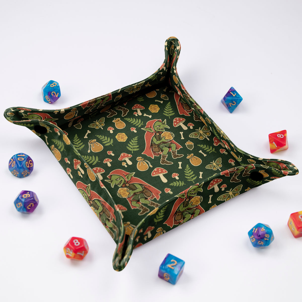 GameFancy goblincore foldable dice tray at an angle, snap button corners, forest goblin mushroom print