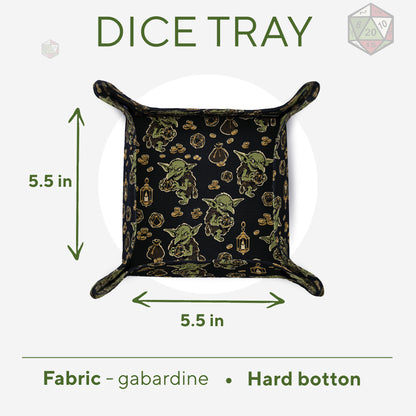 Dice Goblin Hoard tray size chart: 5.5 × 5.5 inch rolling area, gabardine fabric, hard bottom