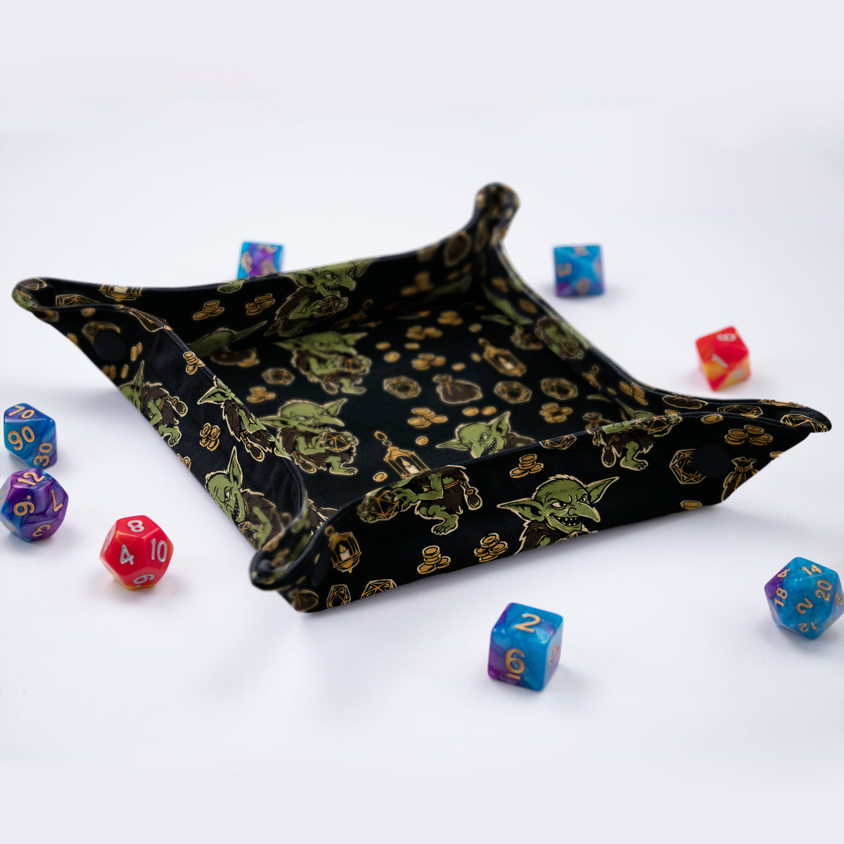 Side view of the GameFancy black and gold goblin dice tray with 1.2 inch sides