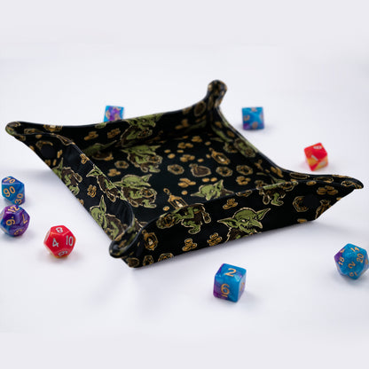 Side view of the GameFancy black and gold goblin dice tray with 1.2 inch sides