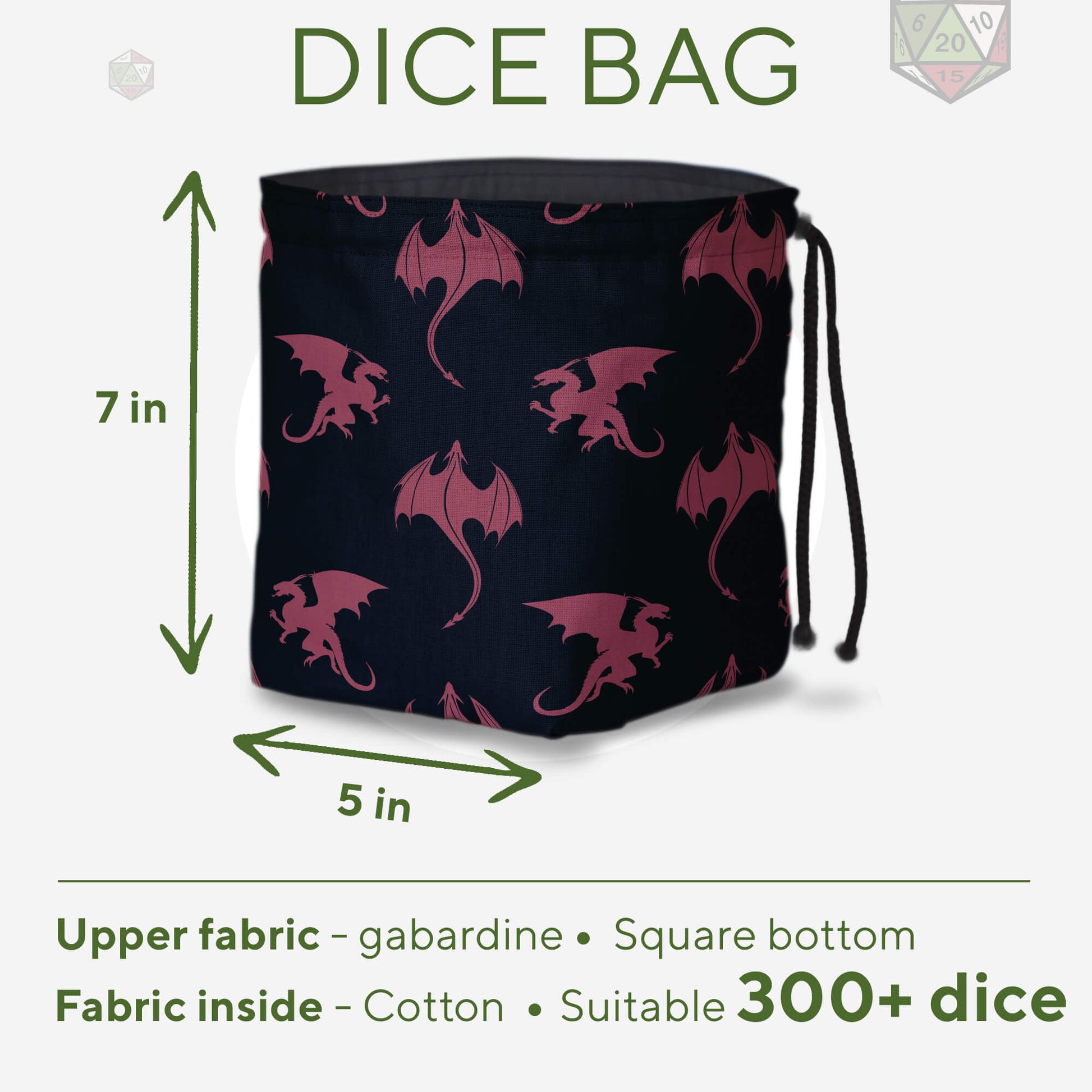 Navy dragon dice bag shown with dice for scale — handmade DnD organizer.