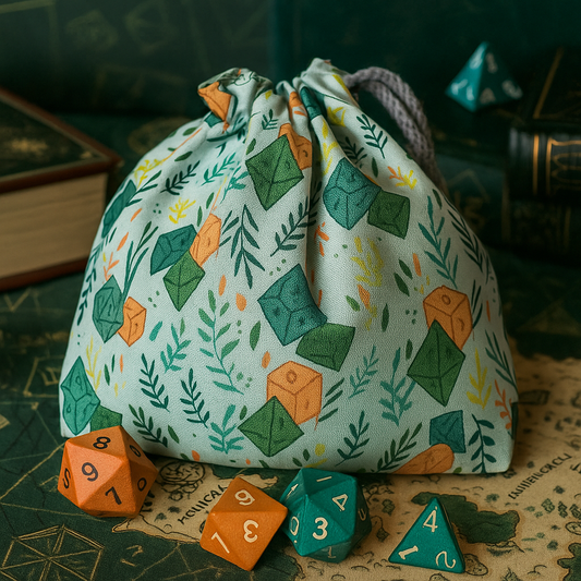 d20 dice bag with pockets standing upright on table with dice