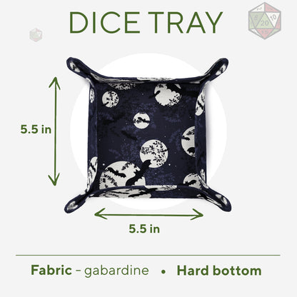 Bat and Full Moon dice tray size chart: 5.5 × 5.5 inch rolling area, gabardine fabric, hard bottom