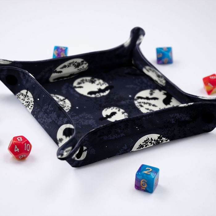 Side view of the GameFancy gothic bat foldable dice tray with snap button corners