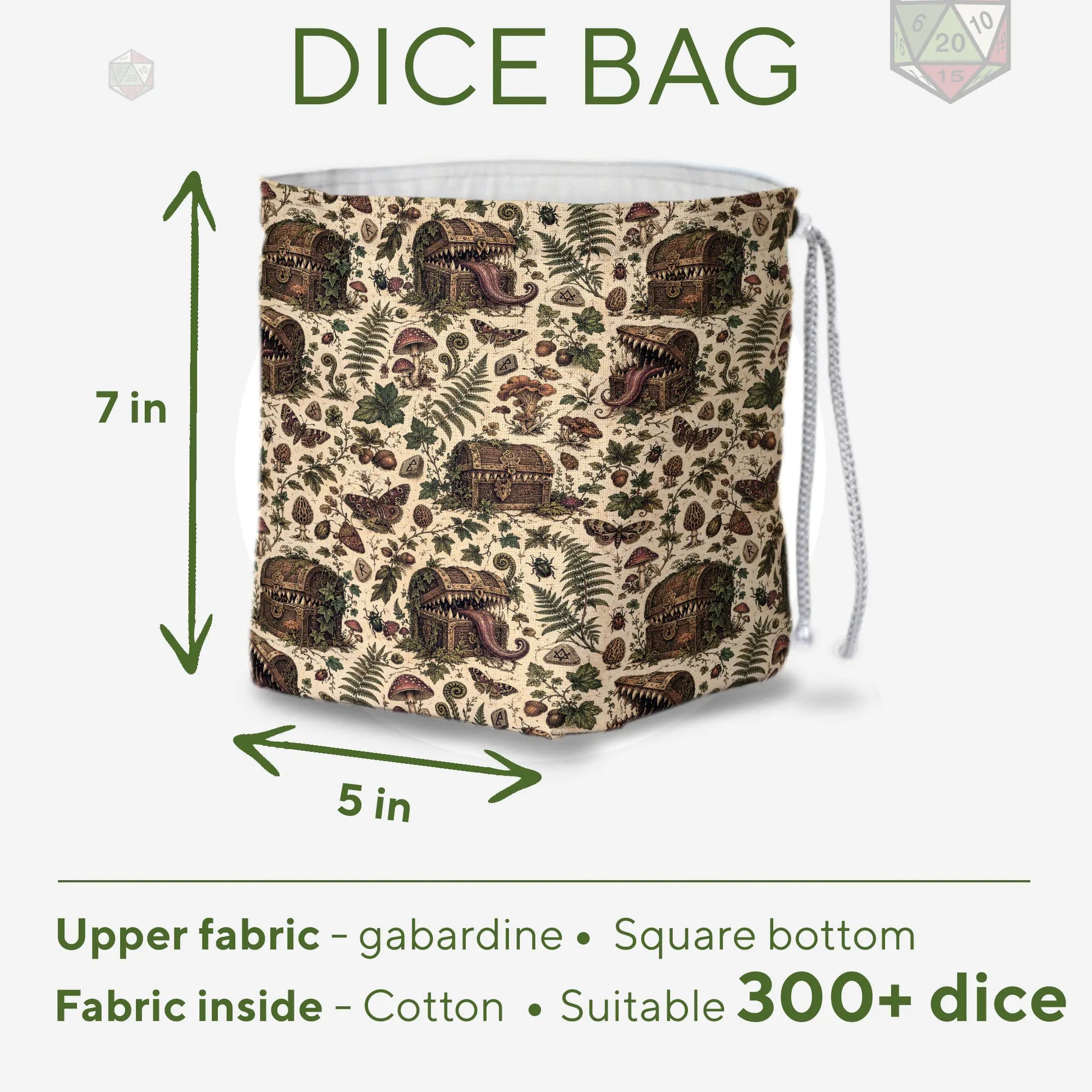Cottagecore mimic dice bag — parchment botanical print with moths, acorns and runestones