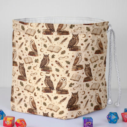 Handmade owl dice bag — owls, open books and crescent moons on cream, a 6-pocket dark academia organizer.