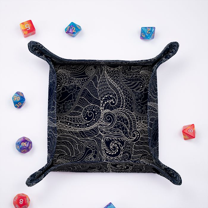 Dragon Scale dice tray from above, ornate dragon skin pattern in silver on deep navy