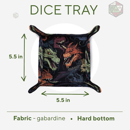 Chromatic Dragon dice tray size chart: 5.5 × 5.5 inch rolling area, gabardine fabric, hard bottom