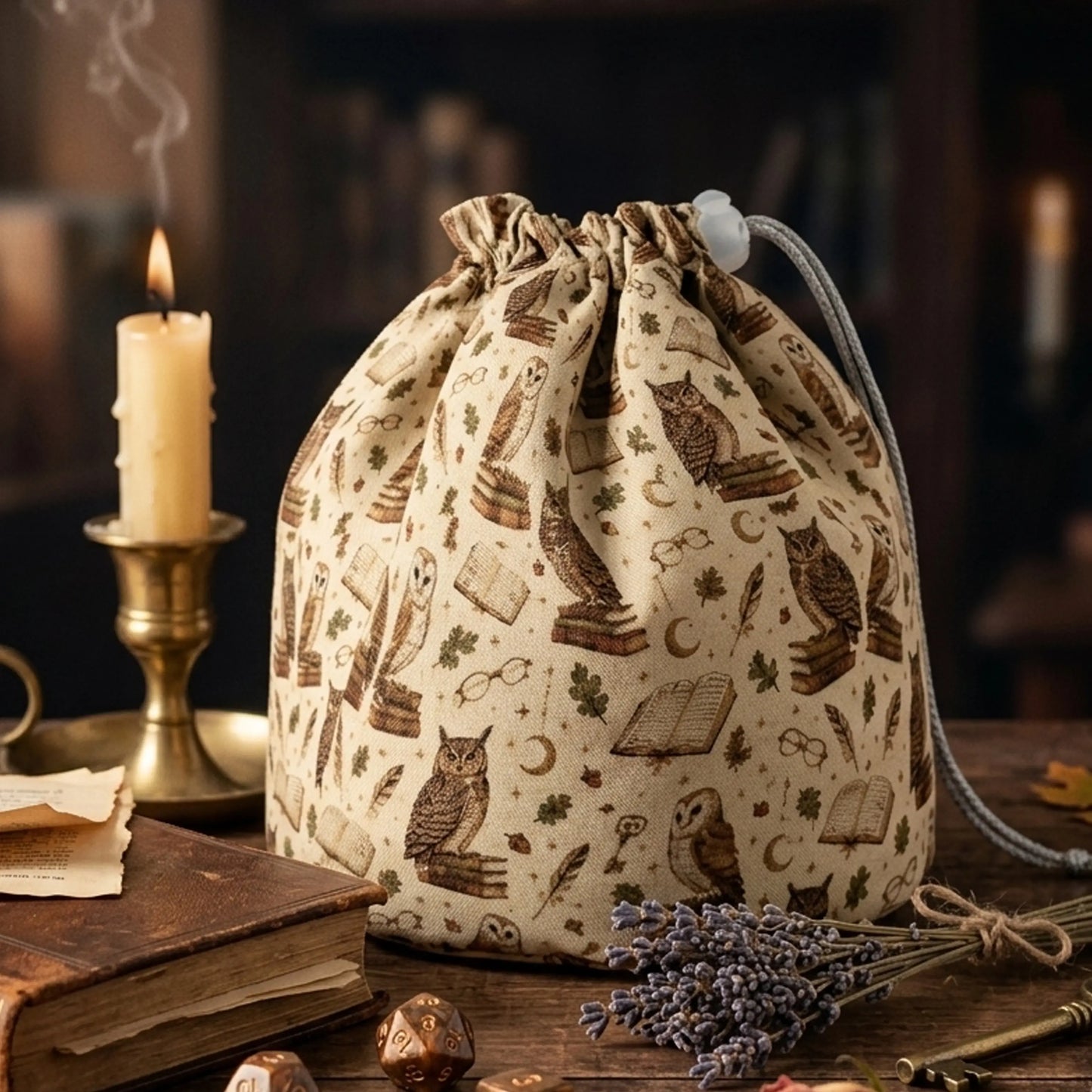 A dark academia dice bag for your character aesthetic — owls, books and spectacles on ivory, holds 300+ dice.
