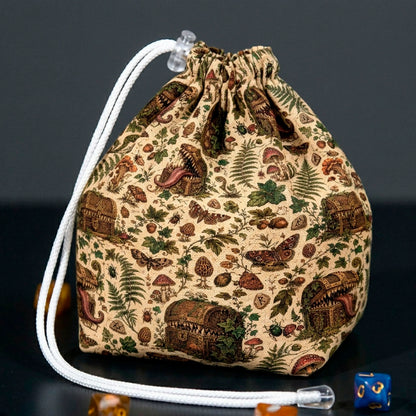 Botanical mimic dice bag — vintage ferns, mushrooms and moss-covered mimic chests, holds 300+ dice
