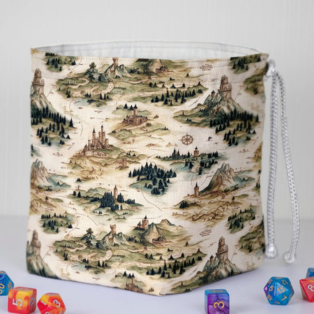 Fantasy Map dice bag held in hand — handmade cartographer DnD organizer.
