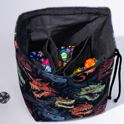 Chromatic Dragon Dice Bag with Pockets — Colorful Dragon Heads Organizer
