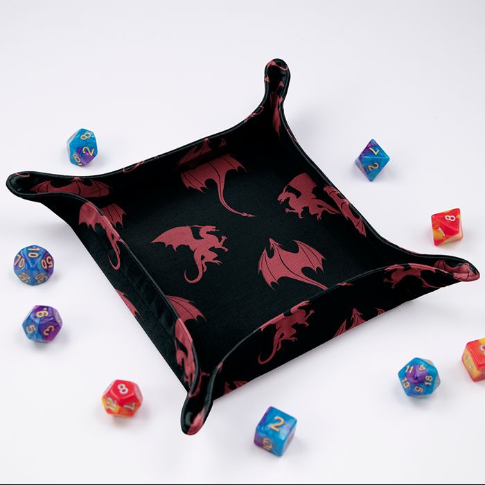 GameFancy red dragon foldable dice tray at an angle with snap button corners