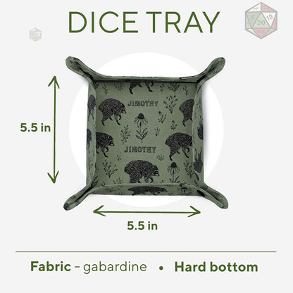 Jimothy sage botanical dice tray size chart: 5.5 × 5.5 inch rolling area, gabardine fabric, hard bottom