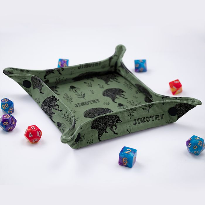 Side view of the GameFancy Jimothy sage green foldable dice tray with snap corners