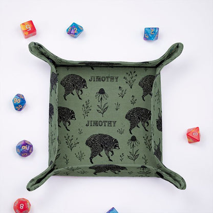 Jimothy sage dice tray from above, raccoons, coneflowers and the name Jimothy in the print