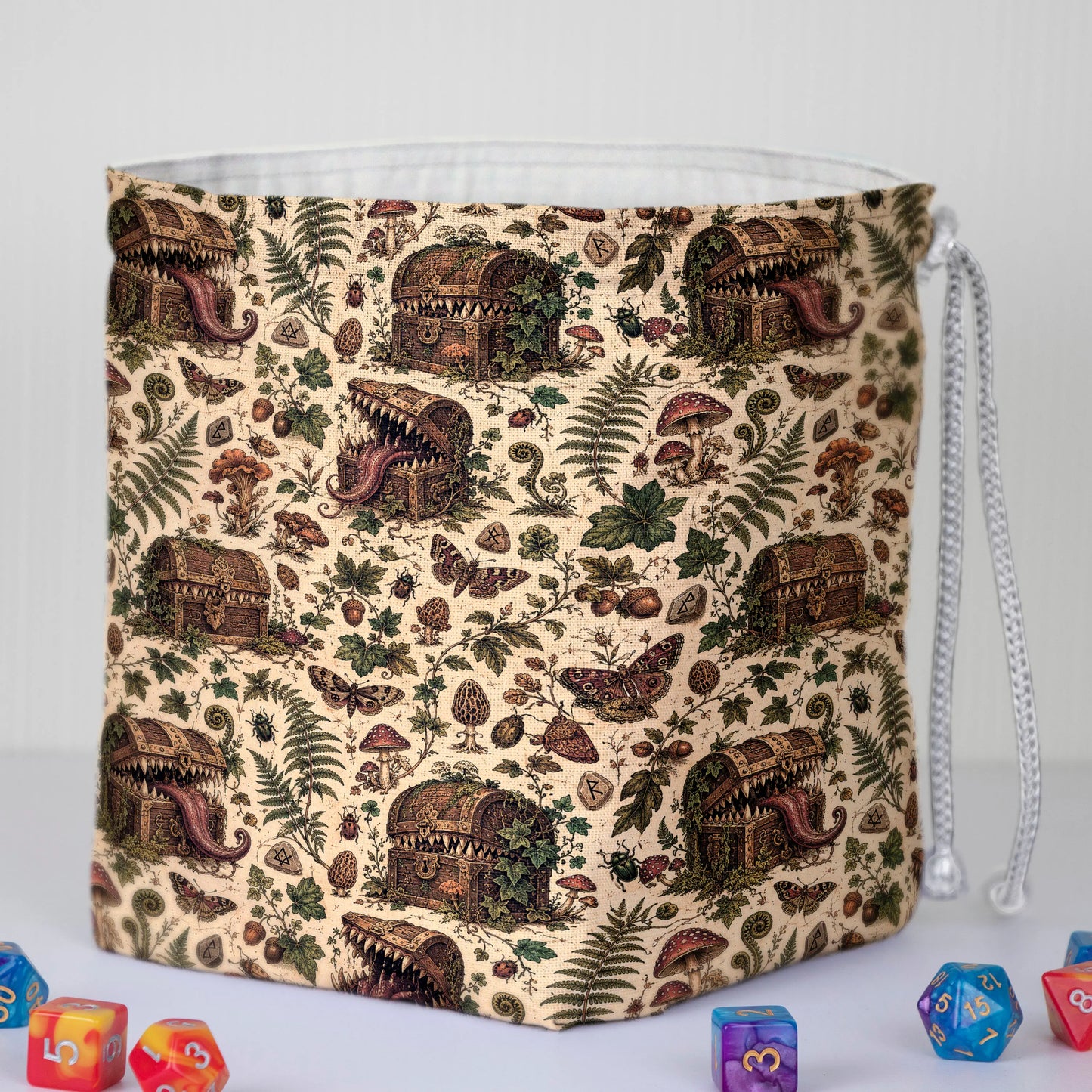 Botanical mimic dnd dice bag — square base stands upright, drawstring closure