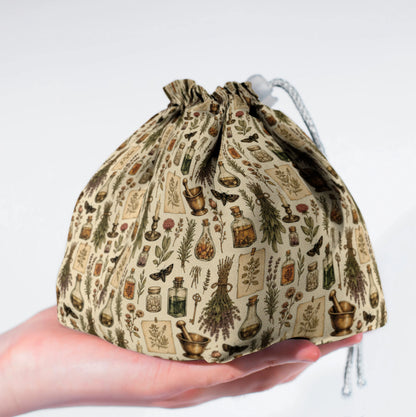 The Apothecary's Shelf dice bag standing upright on its square base for table-side access.