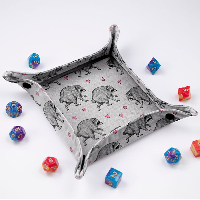 GameFancy Jimothy grey hearts foldable dice tray at an angle with snap button corners