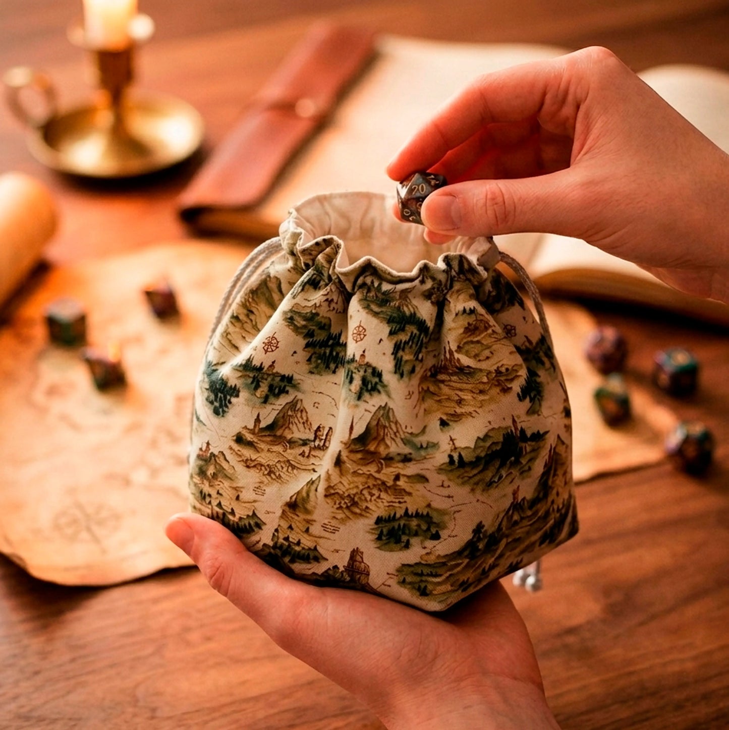 A gift for a worldbuilding dungeon master — fantasy map dice bag with pockets, mountains and forests, holds 300+ dice.