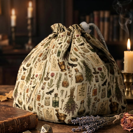 A witchy dark academia dice bag for your aesthetic — apothecary bottles, herbs and moths on cream, holds 300+ dice.