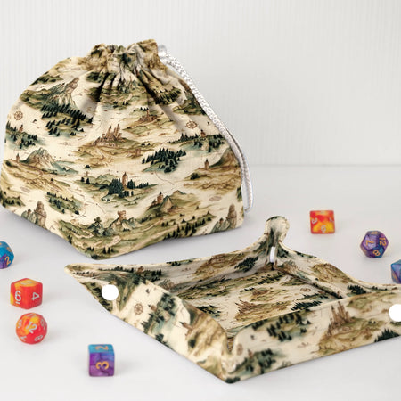 Fantasy map dice bag and tray set — matching map-print bag and fold-flat tray for DnD.