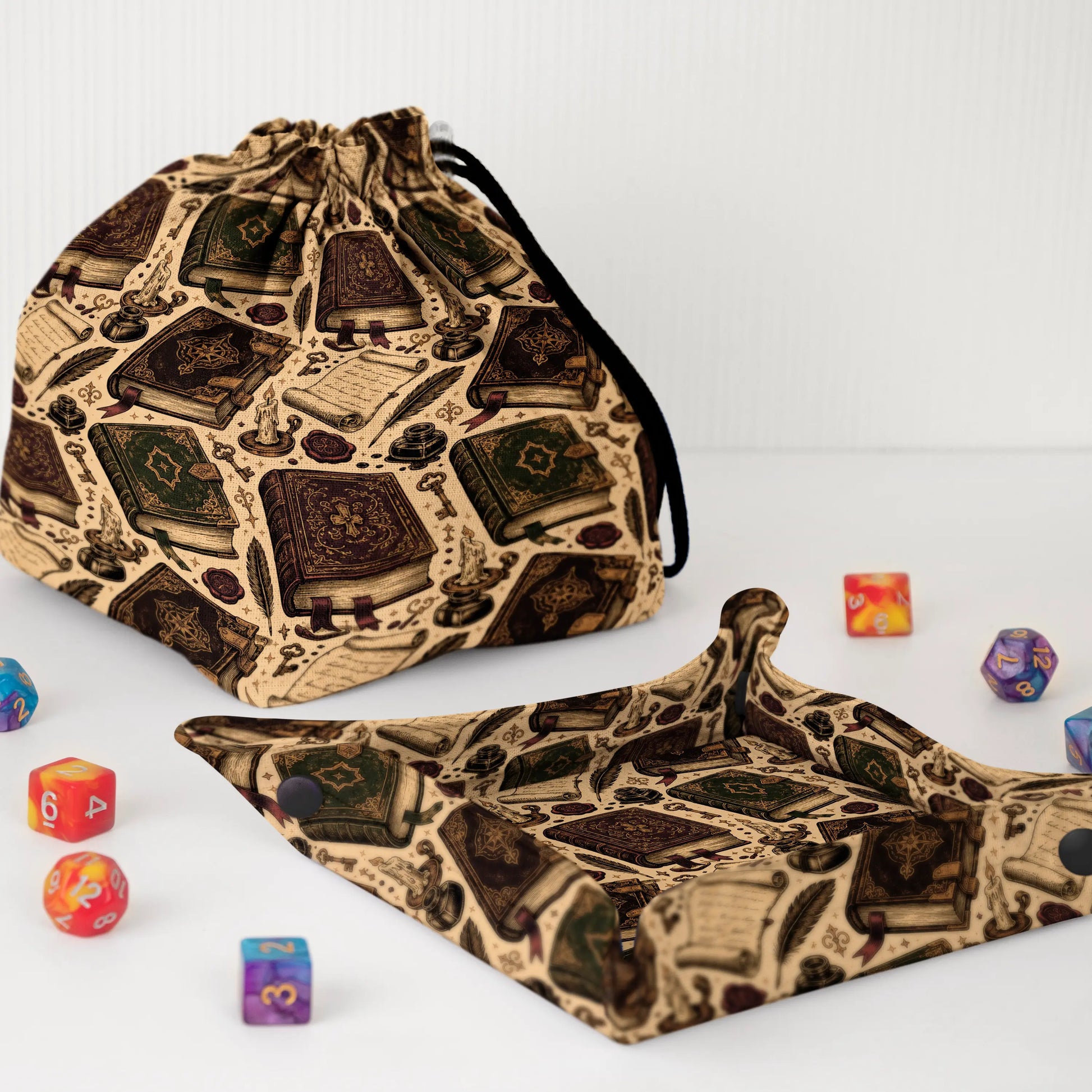 Ancient spellbooks dice bag and tray set — matching grimoire-print bag and fold-flat tray for DnD.